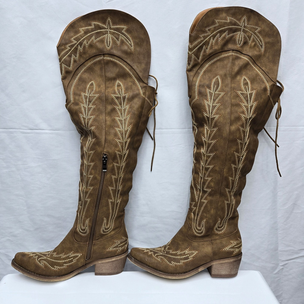 Brown Embroidered Thigh-High Over-the-Knee Cowboy Back Lace-Up Boots Size 6